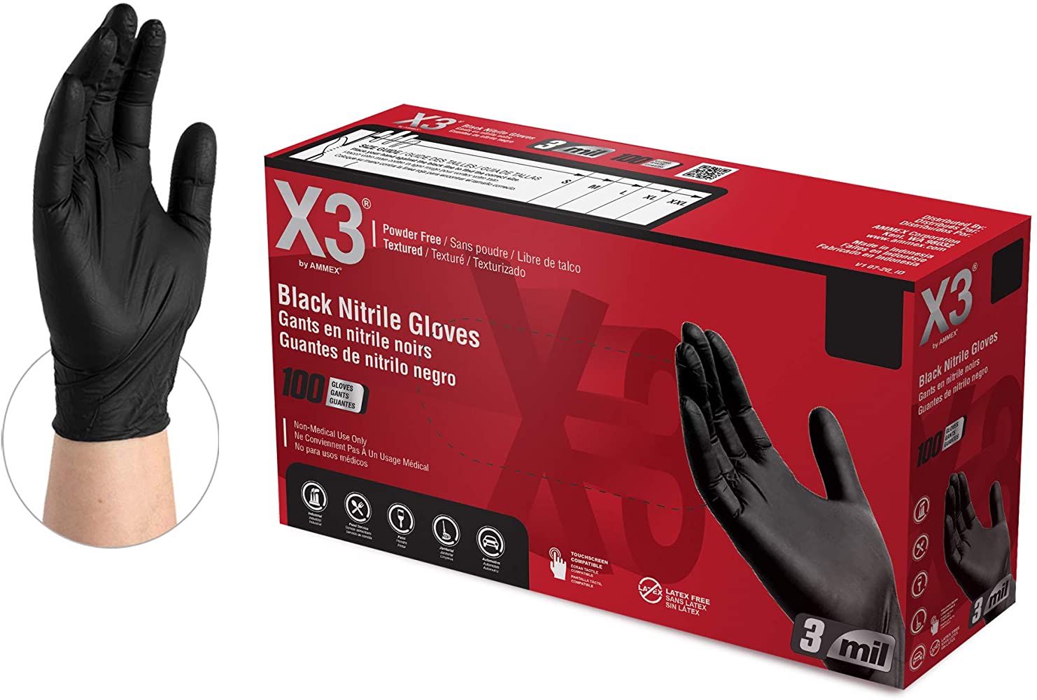 AMMEX 3mil Black Nitrile Gloves | 100ct. Assorted Sizes