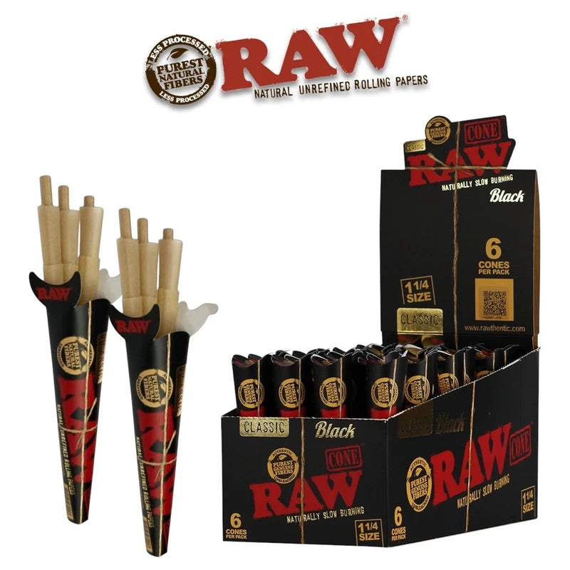 32CT RAW Black Pre-Rolled Cones 1¼" 6PK