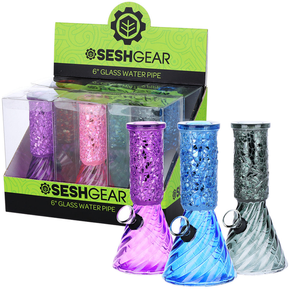 6CT DISPLAY - SeshGear Crystalline Beaker Mini Glass Water Pipe 6“ | Assorted Colors