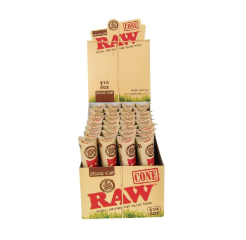 RAW Organic Hemp Pre-Rolled Cones 1¼" Size - 32 Packs Per Box, 6 Cones Per Pack